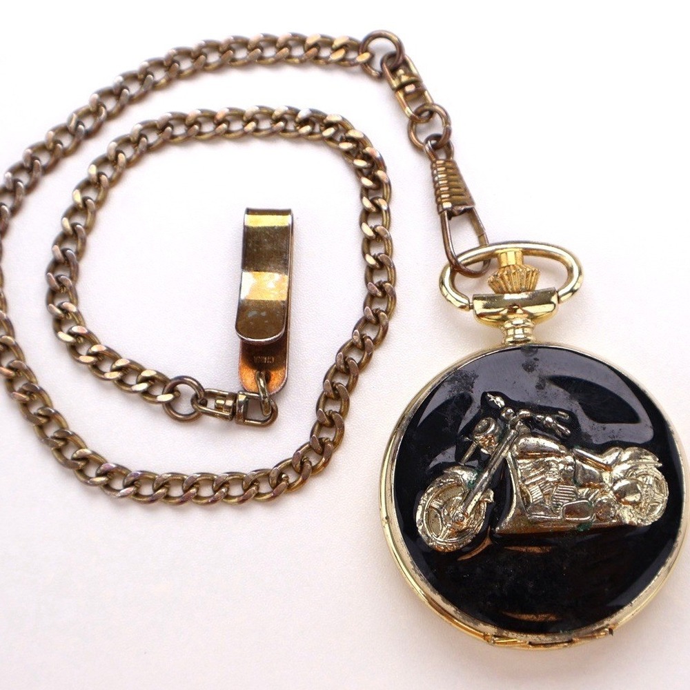 Milan Motorcycle Pocket Watch Quartz Gold Tone Hunter Case Chain Untested